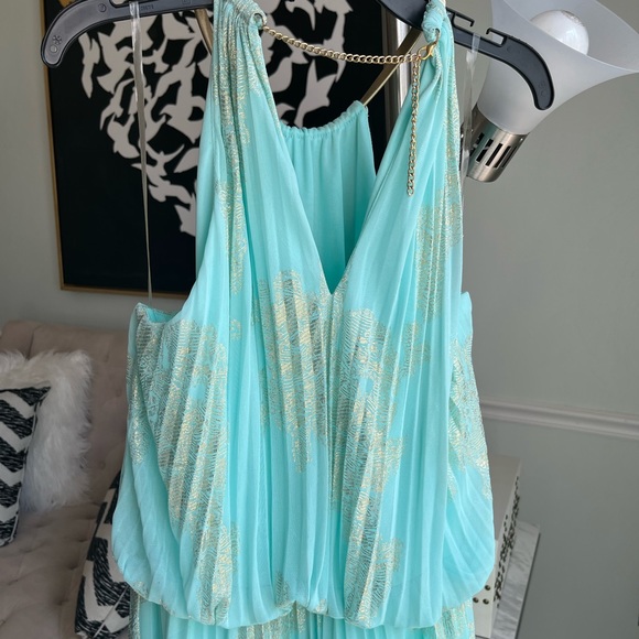 MSK Women's Gold Chain Halter Neck Maxi Woven Pleated Dress - Picture 14 of 15